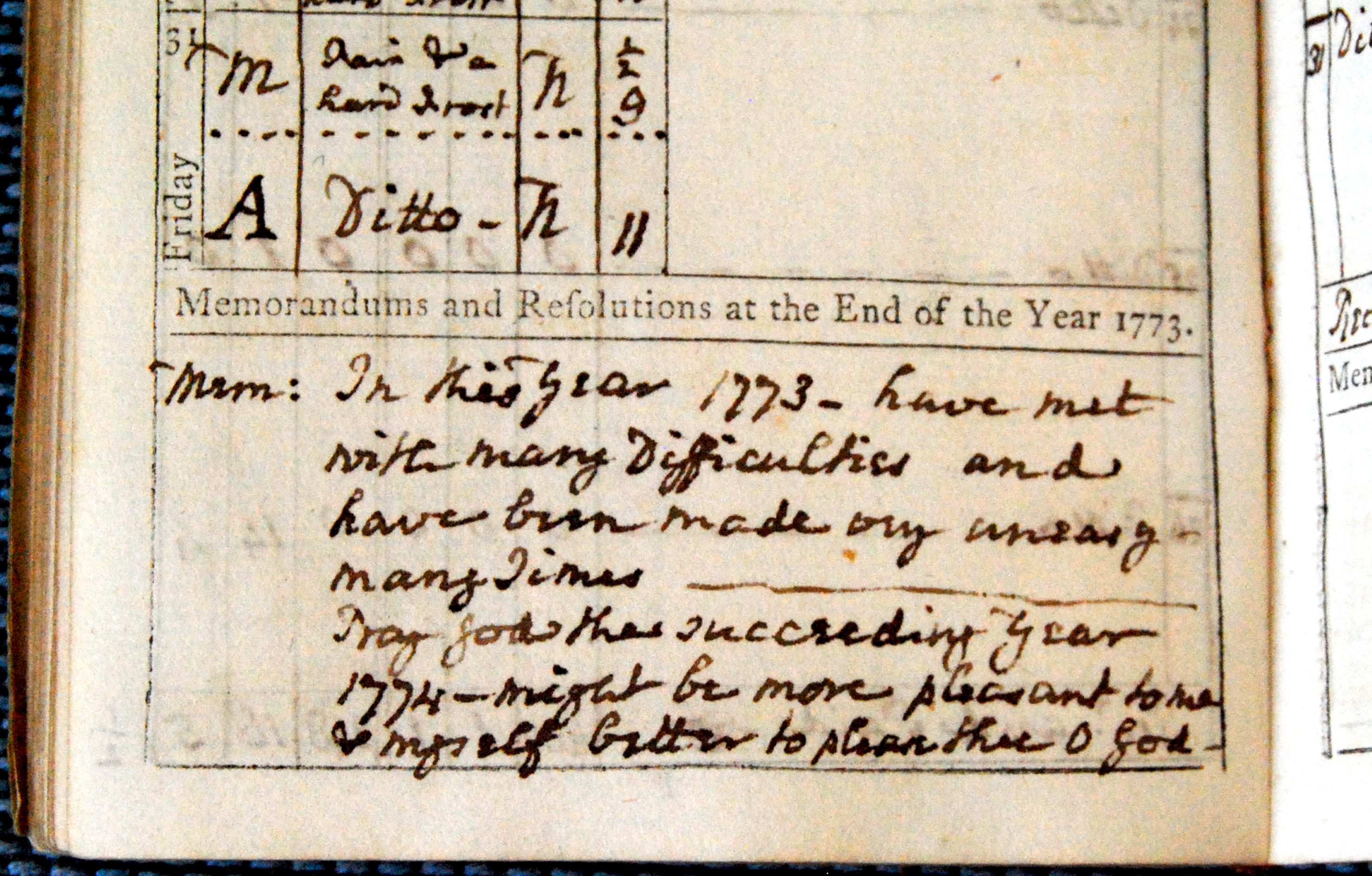 James Woodforde's unhappiness, recorded at the end of his printed memorandum book for 1773